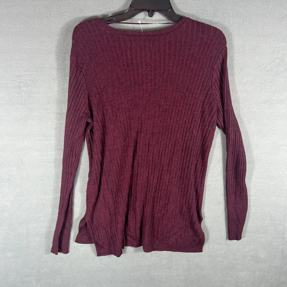 APT. 9 Women's Burgundy Mélange V-Neck Pullover Sweater Ribbed Side Slits Size L